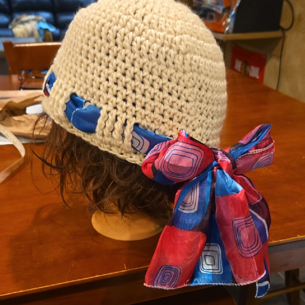 Handmade Crochet Beanie with Colorful Scarf Tie